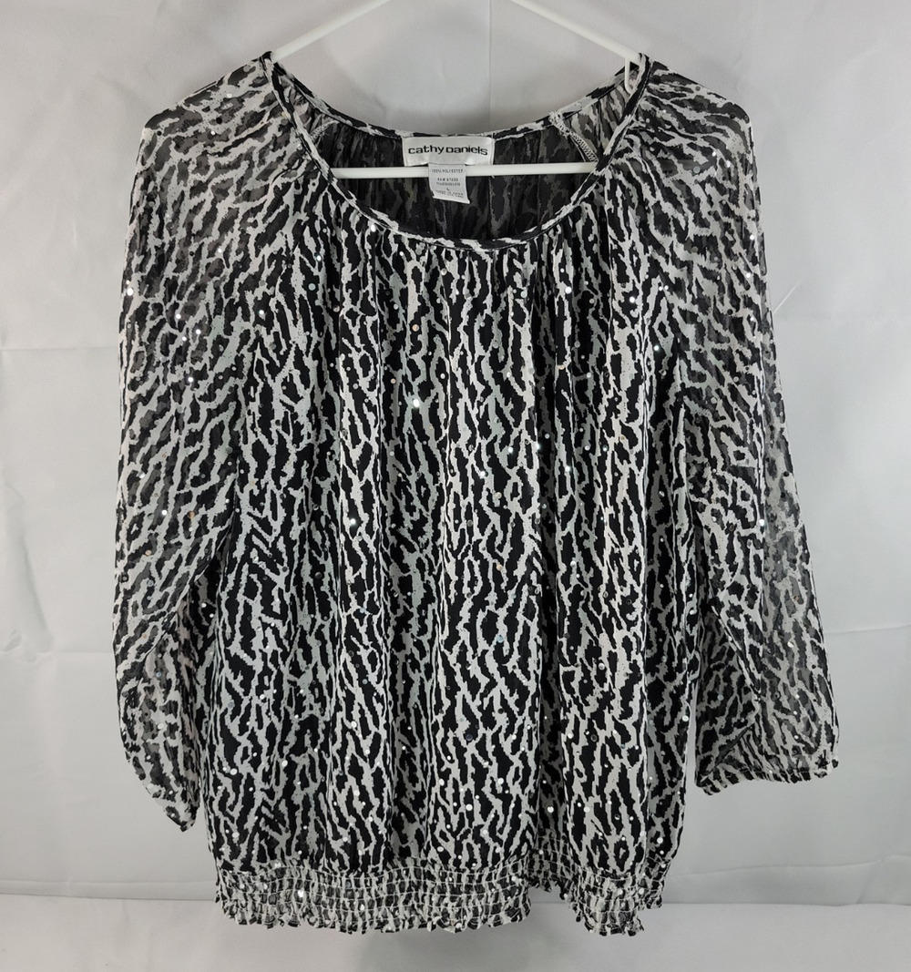 Cathy Daniels Womens Large Shirt Animal Print elastic waist sequins 3/4 sleeve